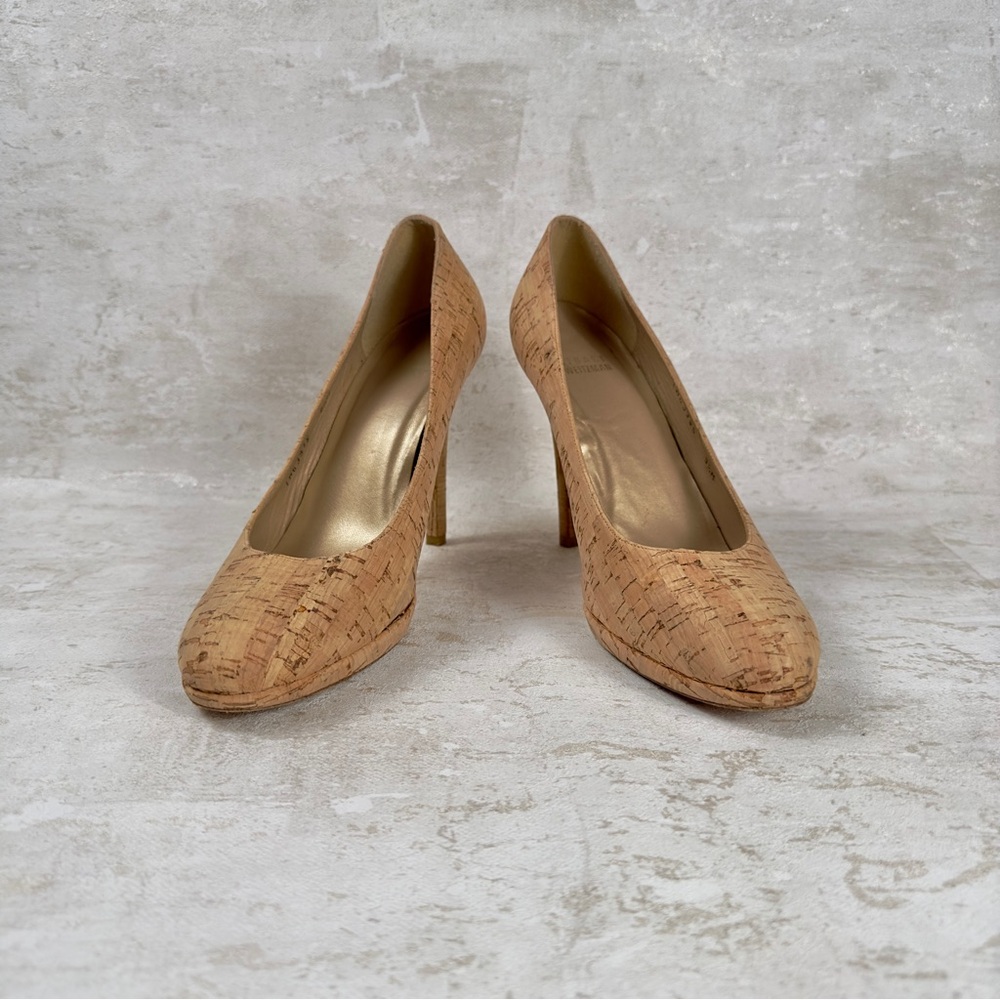 Stuart Weitzman - IW63955 - Natural Cork Round Toe Pumps Heel Shoes - Size 9.5 M